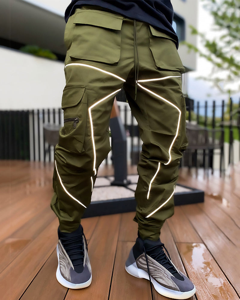 Summer Men Casual Steet Style Refletive Line Pocket Pants M-3XL Joggers