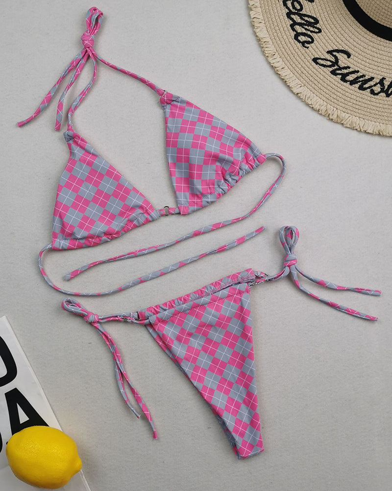 Sexy Halter Neck Florals Solid Colorful Tie Side String Two-piece Swimsuit S-L