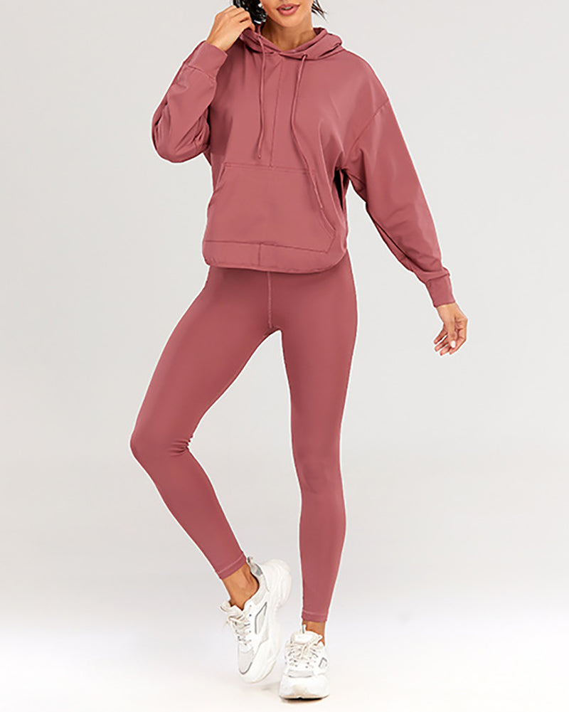 Autumn New Solid Color Long Sleeve Hoodie Sweatshirt V Neck Bra Back Pocket Pants Three Piece Sets S-XL