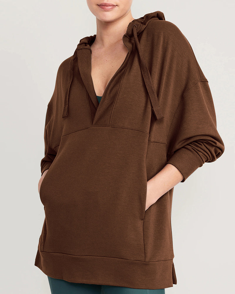 Hoodies Deep V Neck Pocket Loose Casual Yoga Cover Pullover Long Sleeve Top S-XL