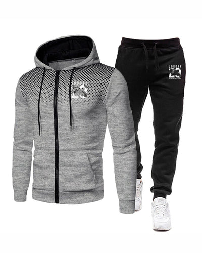 Men Hooded Street Style Zipper Two Piece Set White Red Black Blue Gray S-3XL