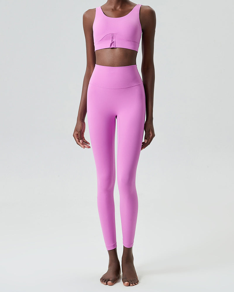 U-Back Zipper Front High Elastic Running High Waist Pants Yoga Two-piece Set S-XL