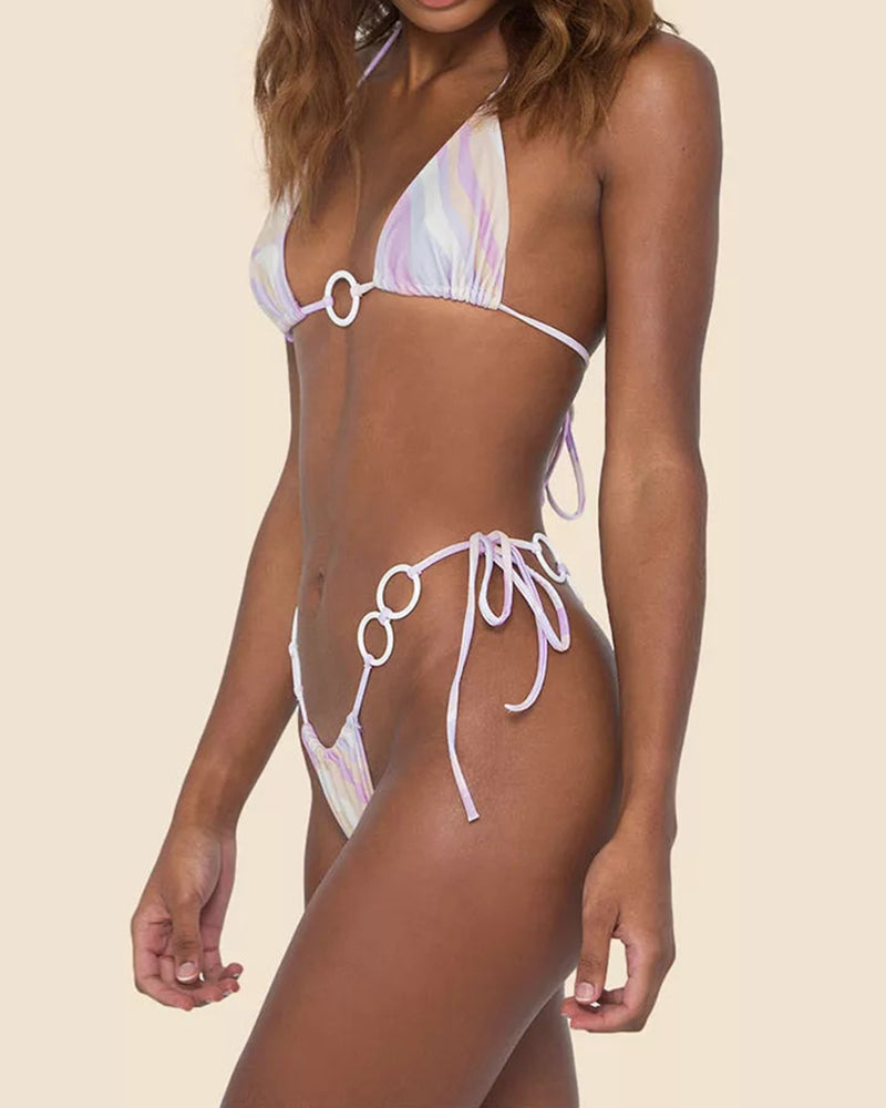 Halter Neck Solid Color Lady Tie Side String Two-piece Swimsuit White Yellow Green Red Purple Black Coffee S-L