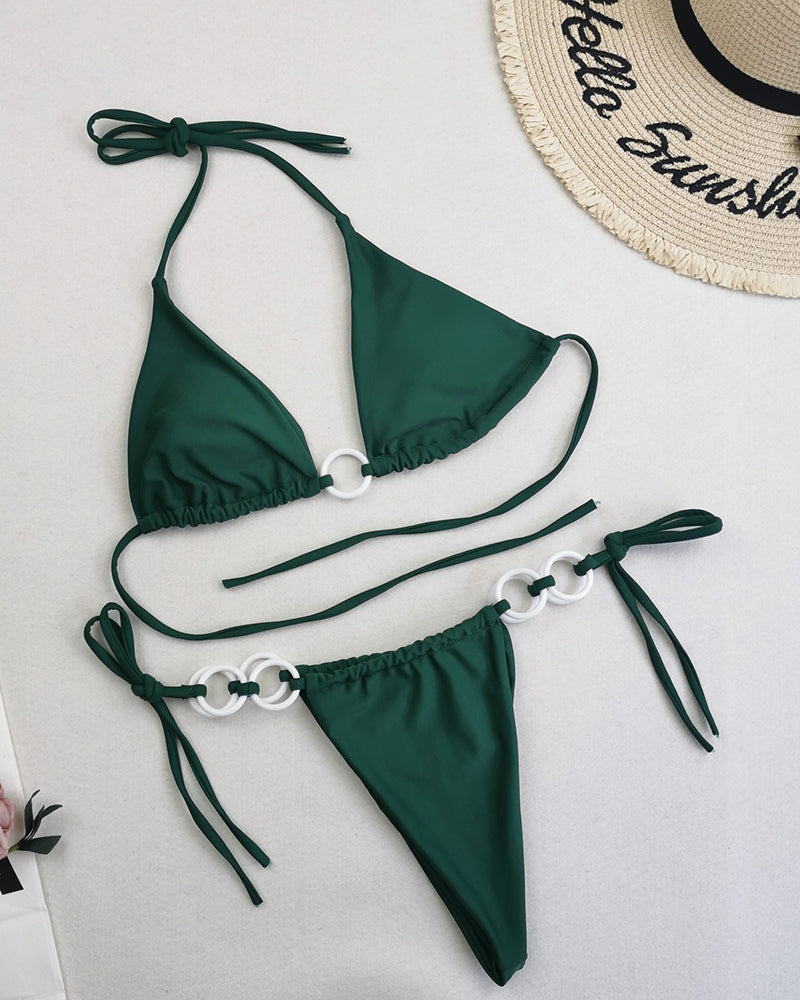 Halter Neck Solid Color Lady Tie Side String Two-piece Swimsuit White Yellow Green Red Purple Black Coffee S-L