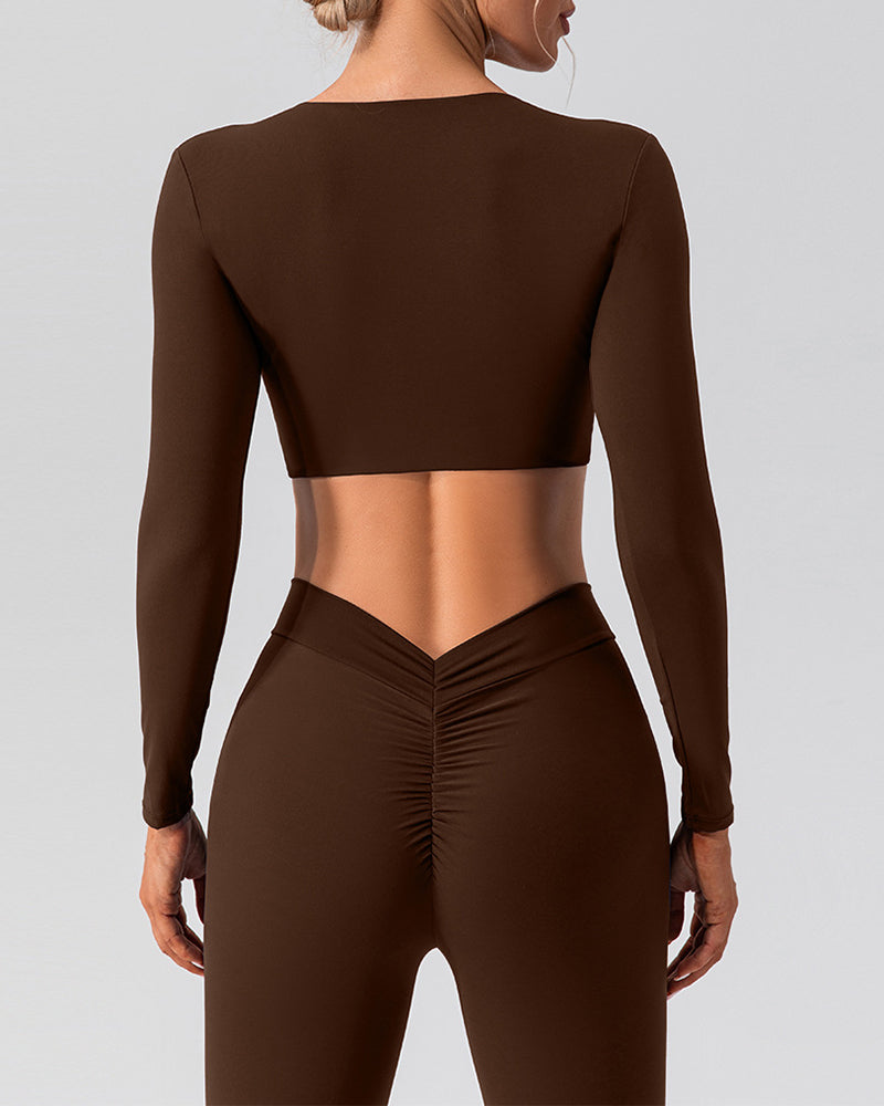 Women Long Sleeve V Neck Solid Color Crop Top Yoga Top S-XL