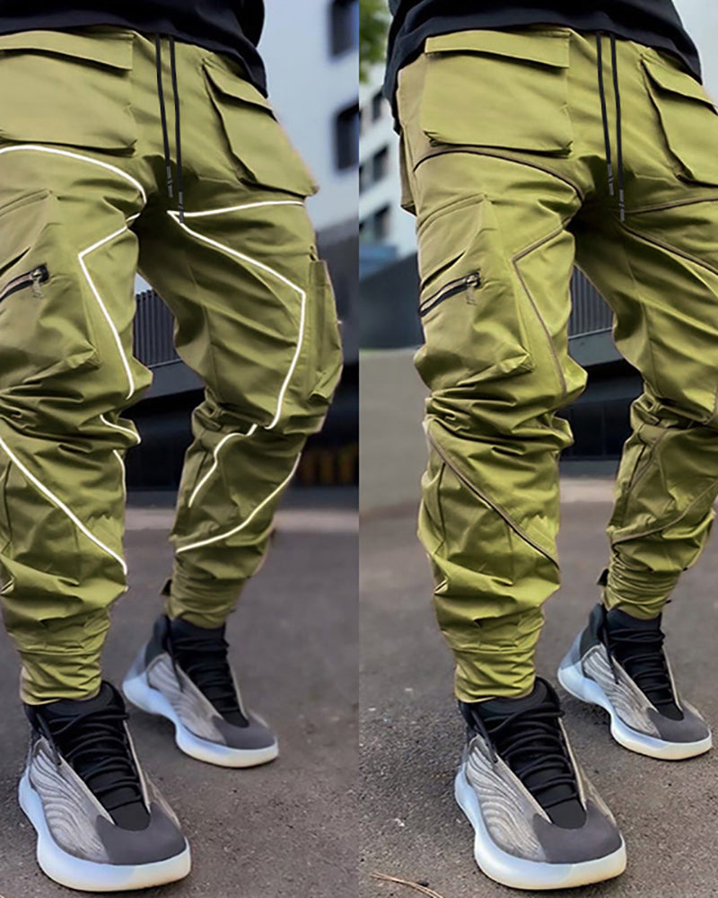 Summer Men Casual Steet Style Refletive Line Pocket Pants M-3XL Joggers