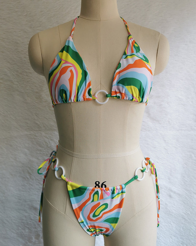 Halter Neck Solid Color Lady Tie Side String Two-piece Swimsuit White Yellow Green Red Purple Black Coffee S-L