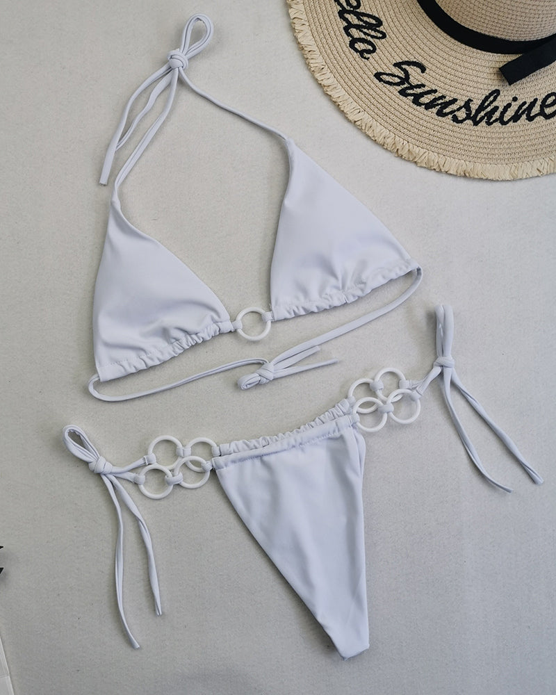 Halter Neck Solid Color Lady Tie Side String Two-piece Swimsuit White Yellow Green Red Purple Black Coffee S-L