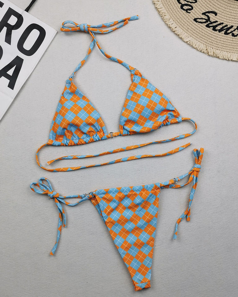 Sexy Halter Neck Florals Solid Colorful Tie Side String Two-piece Swimsuit S-L