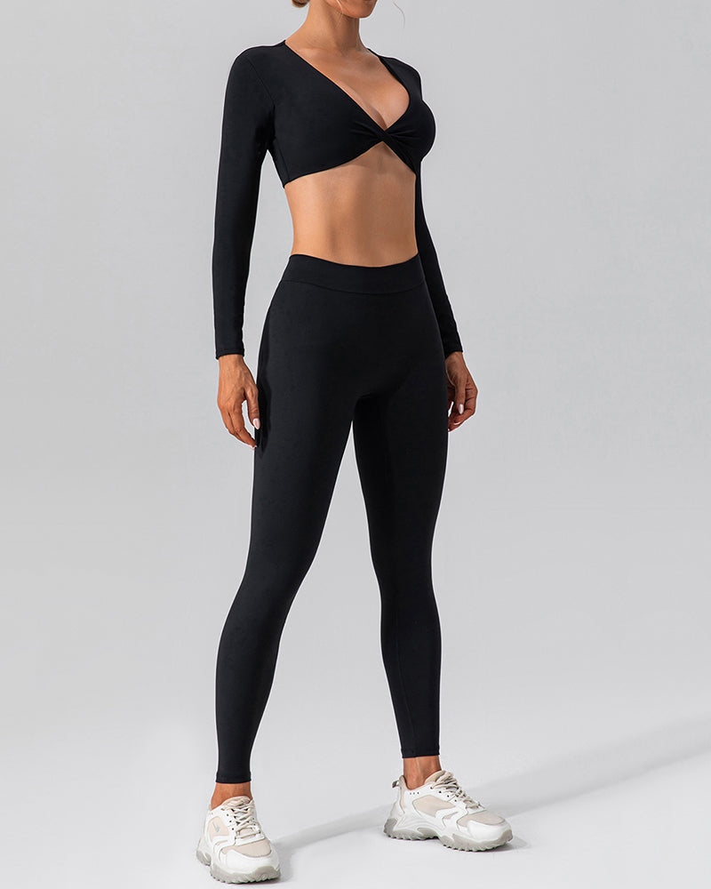 Women Long Sleeve V Neck Solid Color Crop Top Yoga Top S-XL