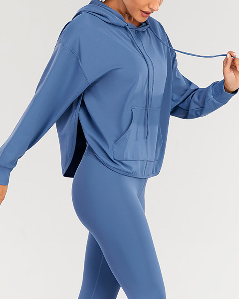Autumn New Solid Color Long Sleeve Hoodie Sweatshirt V Neck Bra Back Pocket Pants Three Piece Sets S-XL