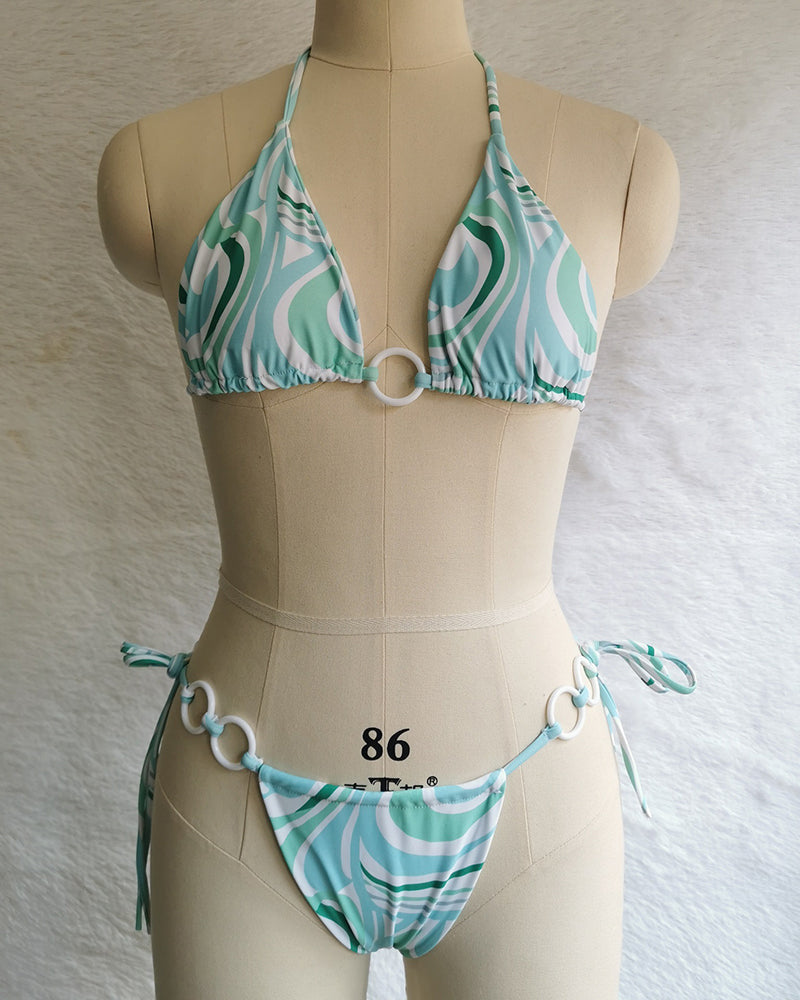 Halter Neck Solid Color Lady Tie Side String Two-piece Swimsuit White Yellow Green Red Purple Black Coffee S-L