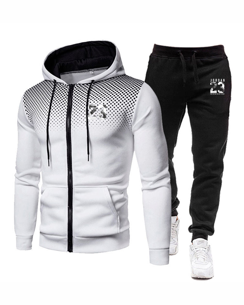 Men Long Sleeve Hooded Street Style Zipper Two Piece Set White Red Black Blue Gray S-3XL