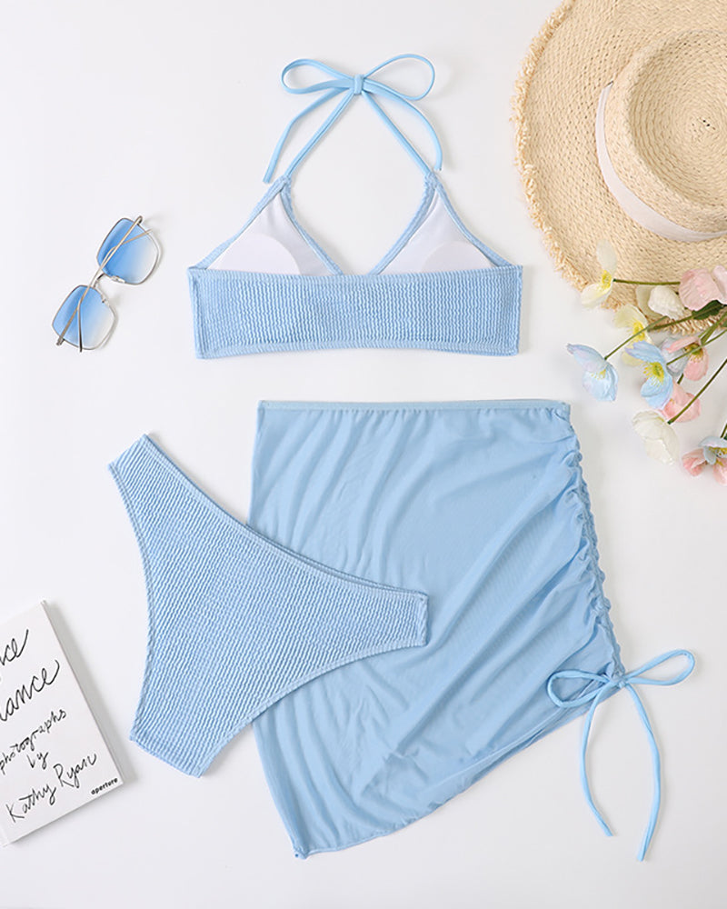 Basic Sexy Bikini Solid Color Cover Skirts Three-piece Swimsuit Black Blue S-L