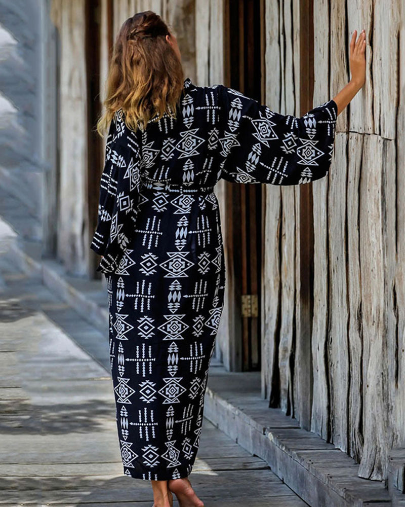 Fashion Printed Long Sleeve Vacation Loose Kimonos Beach Cover Ups One Size