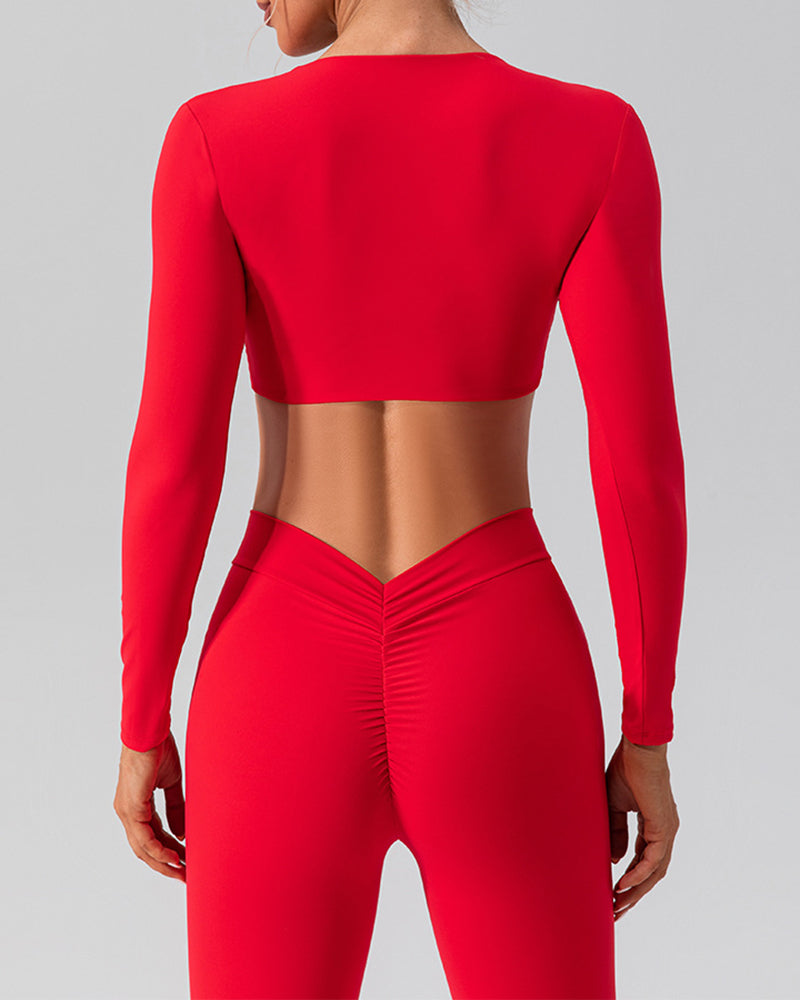 Women Long Sleeve V Neck Solid Color Crop Top Yoga Top S-XL