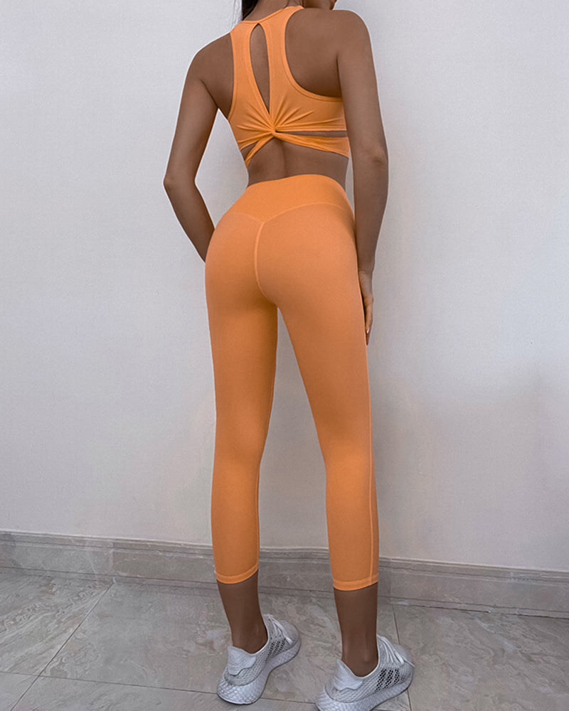 Solid Color Women Square Neck Criss Back Bra High Waist Slim Leggings Woman Sports Wear S-XL Pants Sets