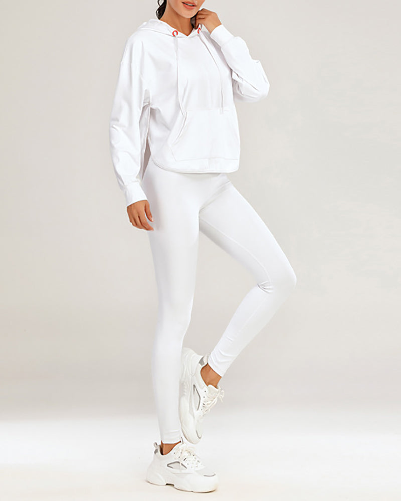 Autumn New Solid Color Long Sleeve Hoodie Sweatshirt V Neck Bra Back Pocket Pants Three Piece Sets S-XL