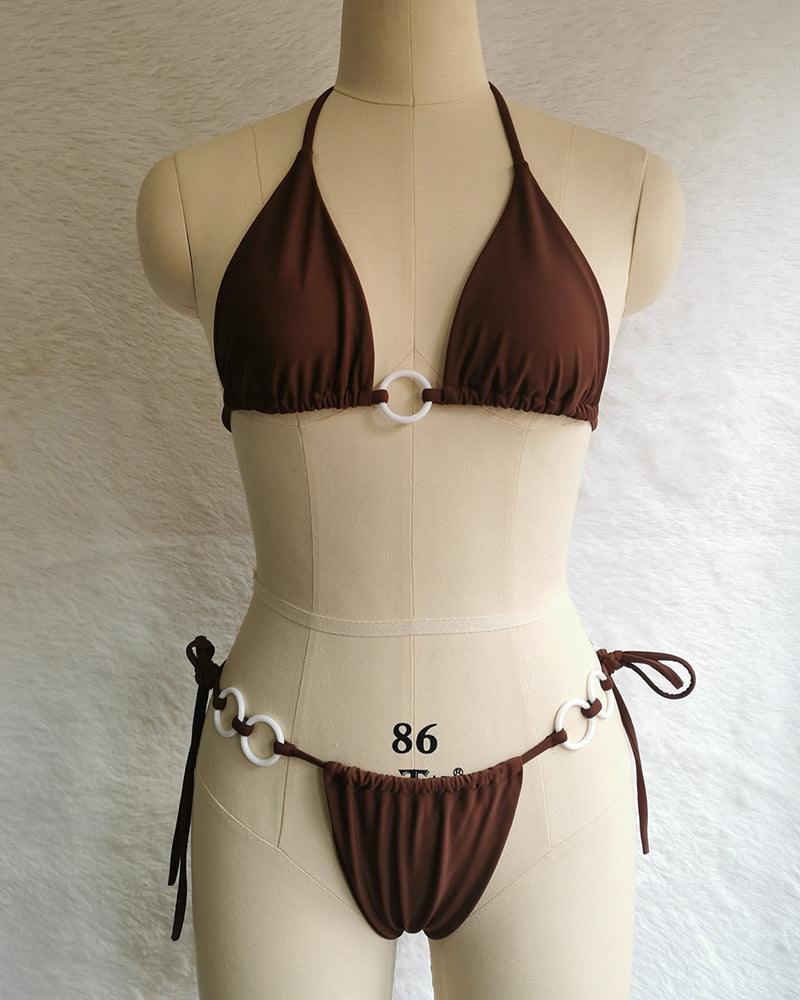 Halter Neck Solid Color Lady Tie Side String Two-piece Swimsuit White Yellow Green Red Purple Black Coffee S-L