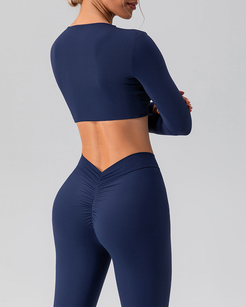 Women Long Sleeve V Neck Solid Color Crop Top Yoga Top S-XL