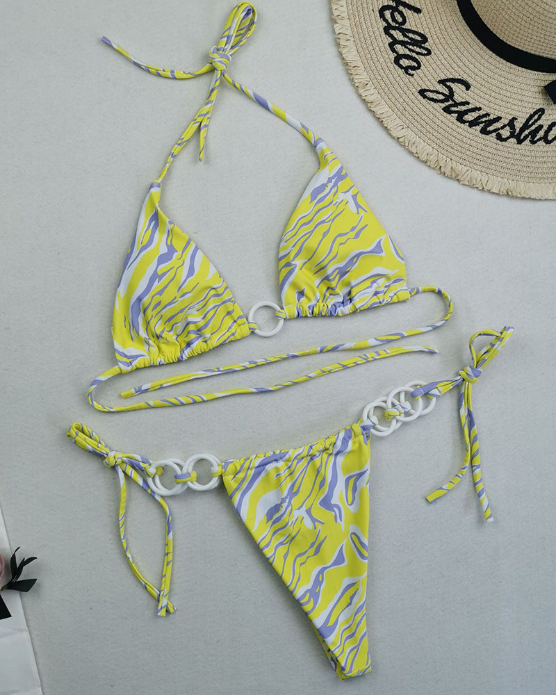 Halter Neck Solid Color Lady Tie Side String Two-piece Swimsuit White Yellow Green Red Purple Black Coffee S-L