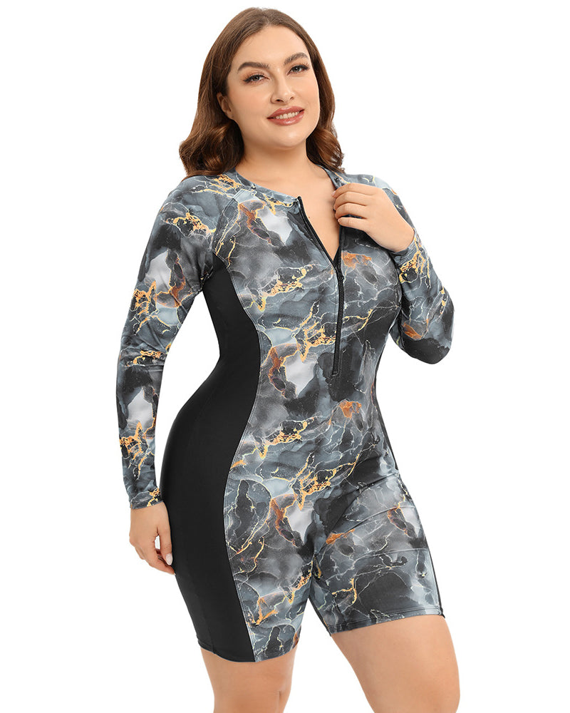 Women Zipper Front Long Sleeve Romper Plus Size Swimwear Diving Suit L-3XL