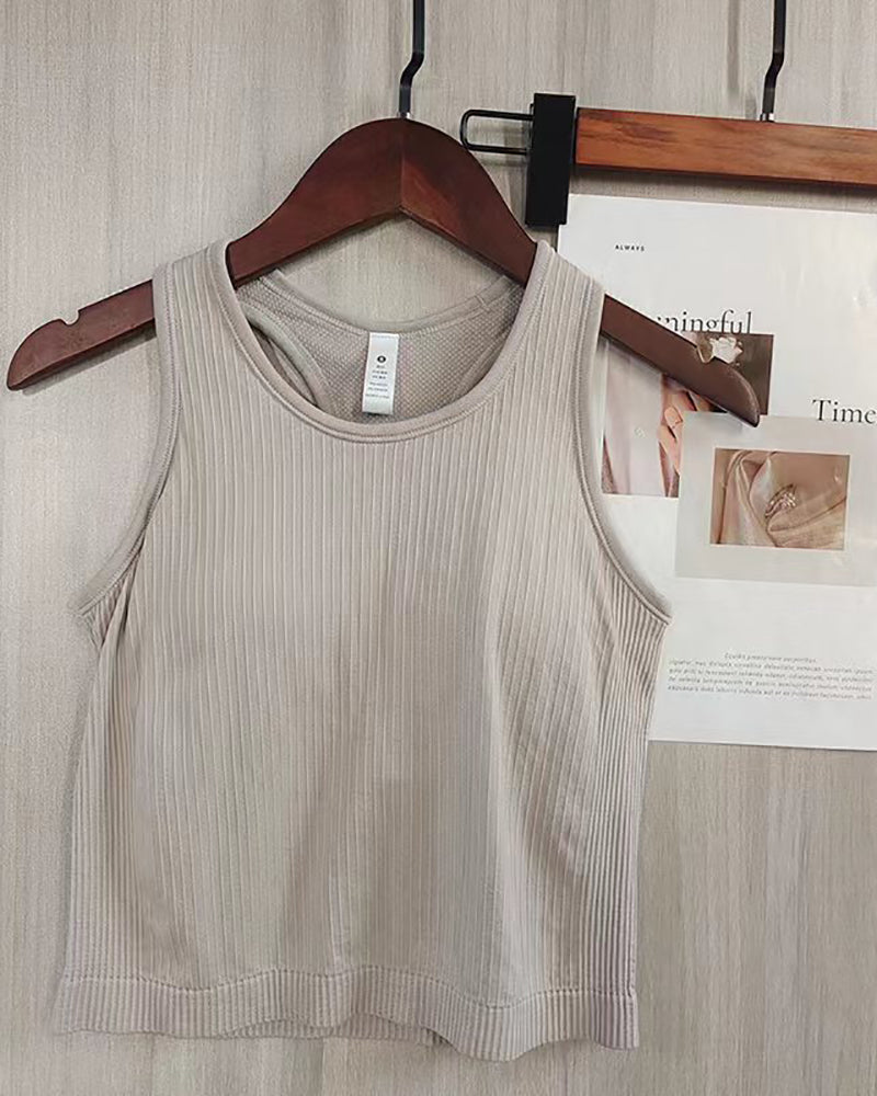 Women Sleeveless Solid Color Yoga Sports Vest With Pad S-L