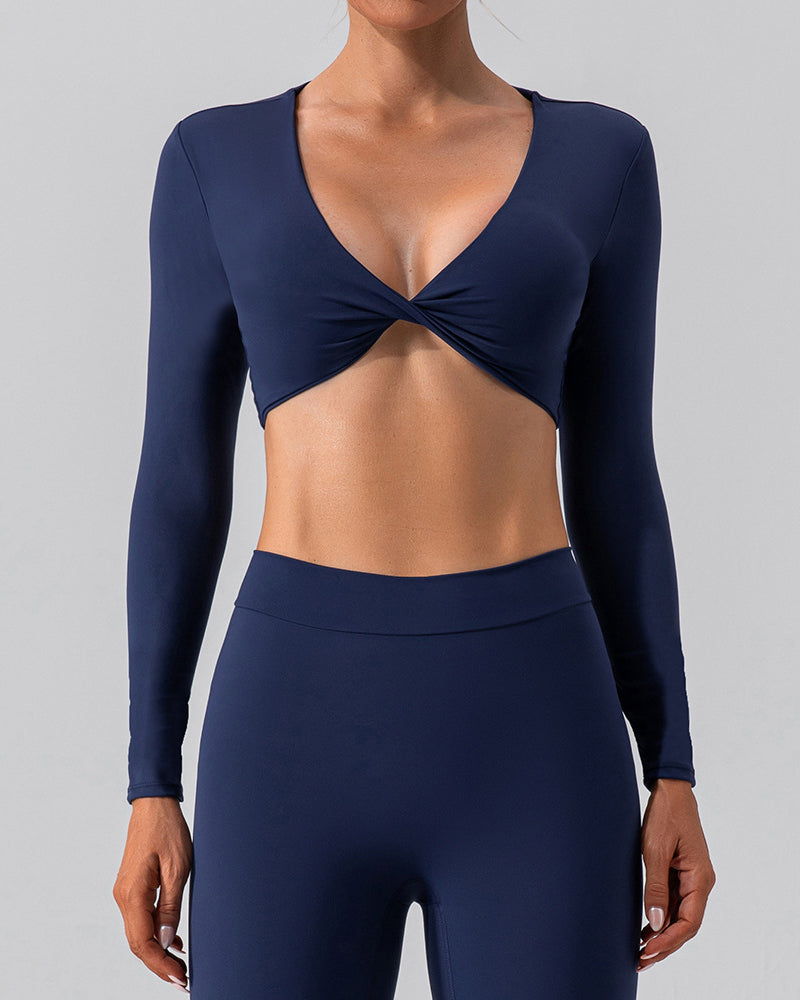 Women Long Sleeve V Neck Solid Color Crop Top Yoga Top S-XL