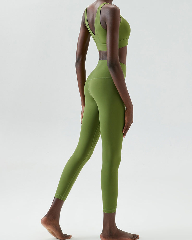 U-Back Zipper Front High Elastic Running High Waist Pants Yoga Two-piece Set S-XL