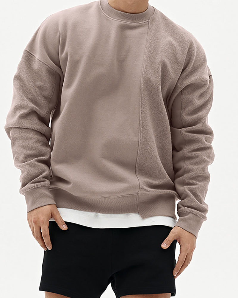 Autumn Long Sleeve Crew Neck Patchwork Sweatshirt Gray Khaki Black Brown Beige M-3XL