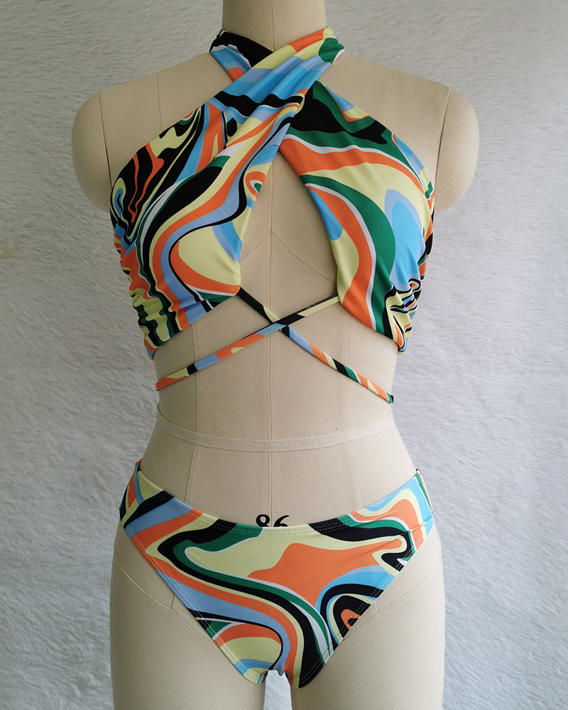 Fashion Printed Hollow Out Criss Neck Solid Color Sexy Women Summer Beach Three-piece Swimsuit White Black Beige Yellow S-XL