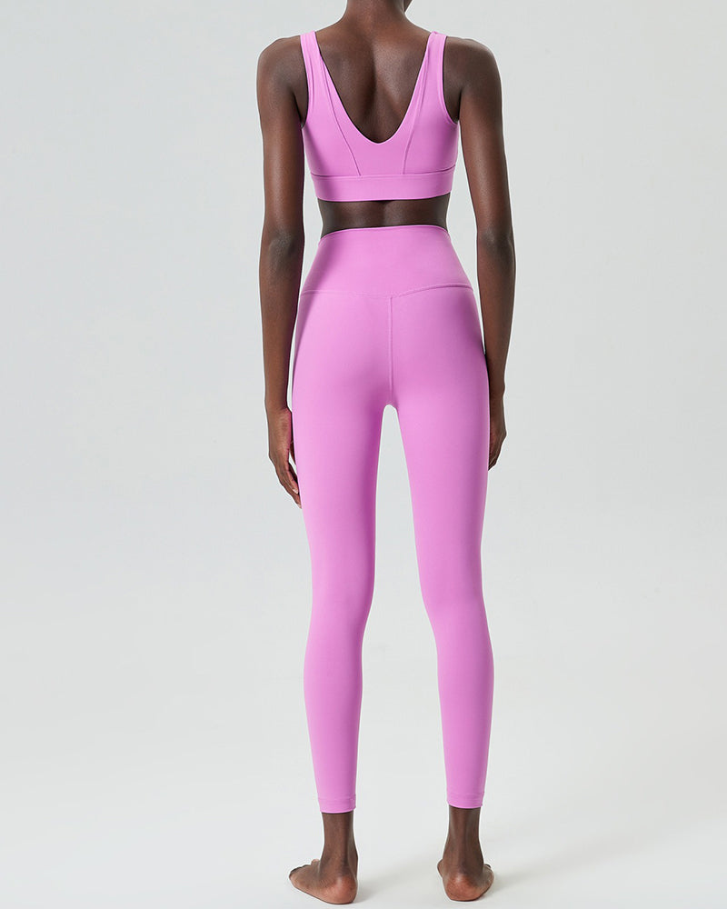 U-Back Zipper Front High Elastic Running High Waist Pants Yoga Two-piece Set S-XL