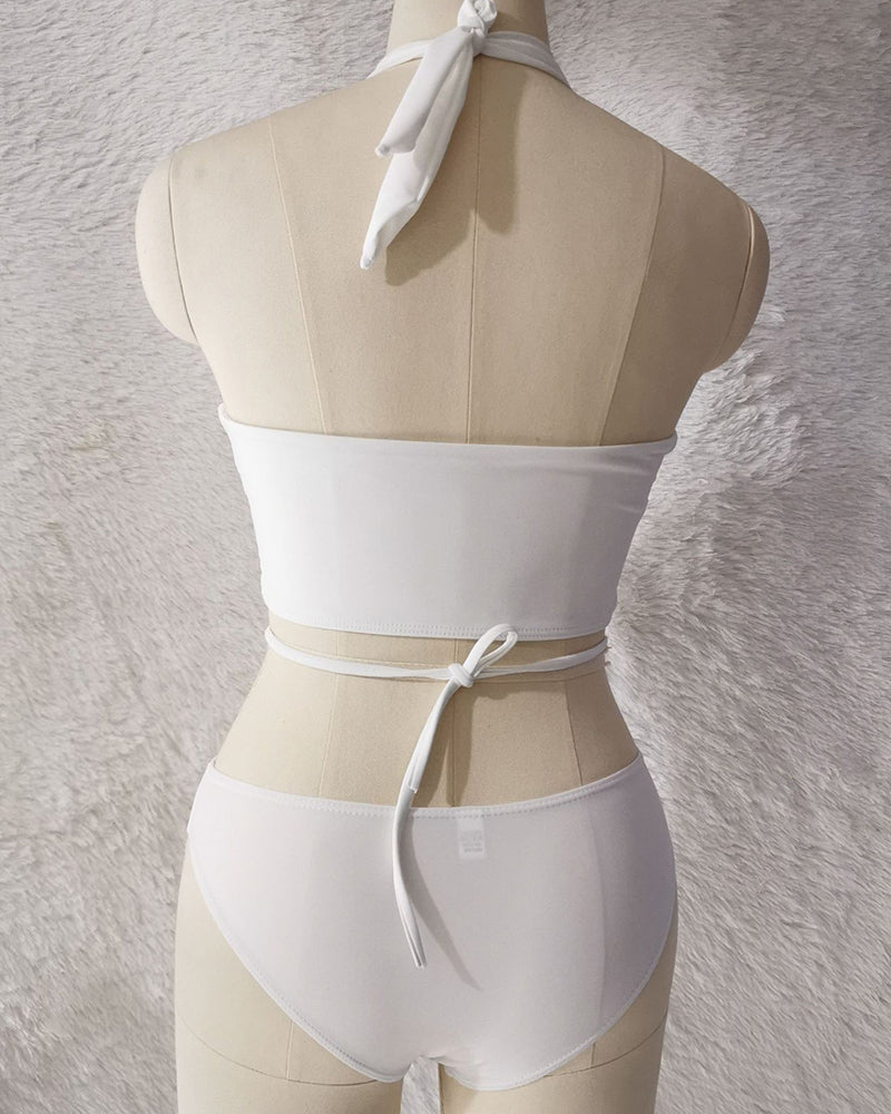 Fashion Printed Hollow Out Criss Neck Solid Color Sexy Women Summer Beach Three-piece Swimsuit White Black Beige Yellow S-XL