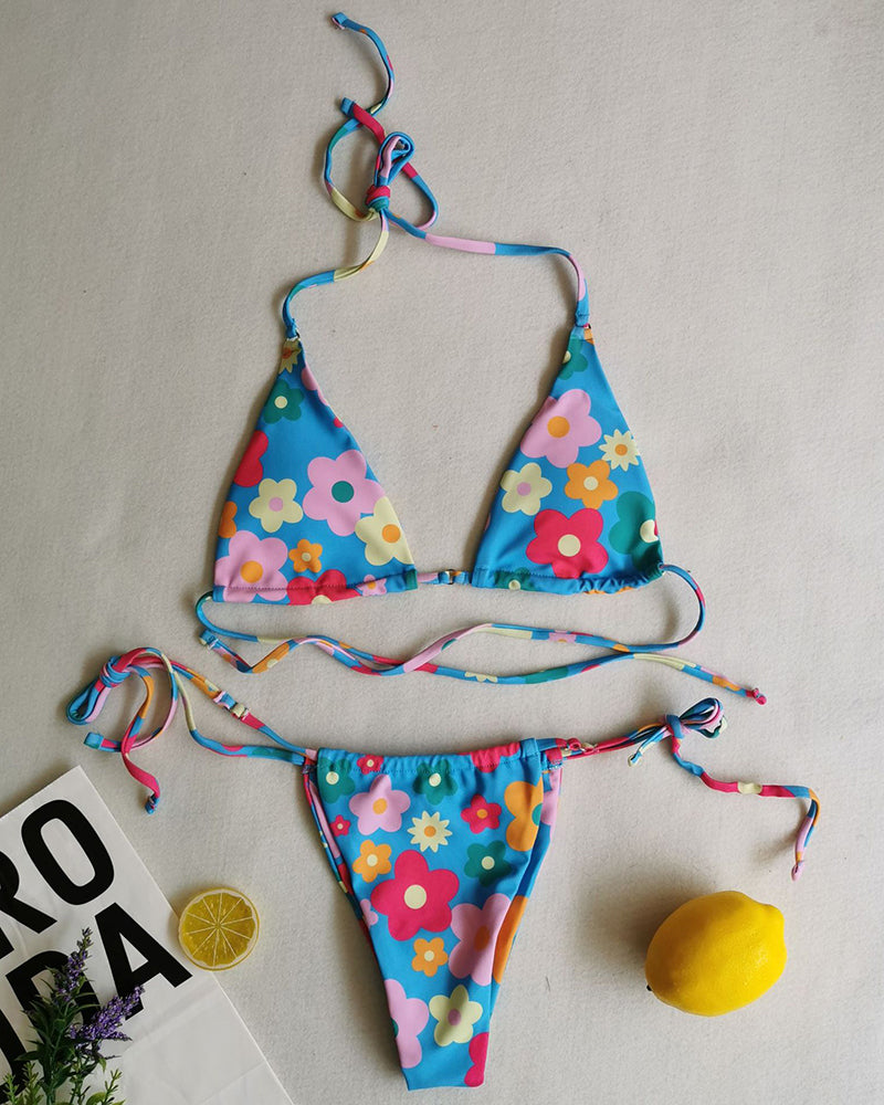 Sexy Halter Neck Florals Solid Colorful Tie Side String Two-piece Swimsuit S-L