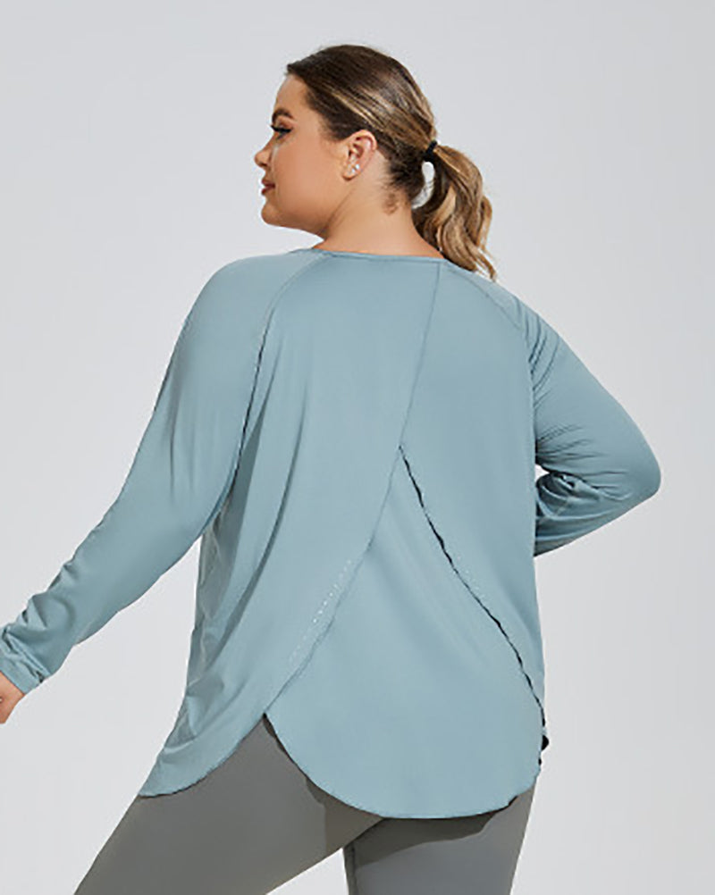 Long Sleeve Back Slit Loose Quick Dry Running Sport Plus Size T-shirt Green White Black XL-4XL