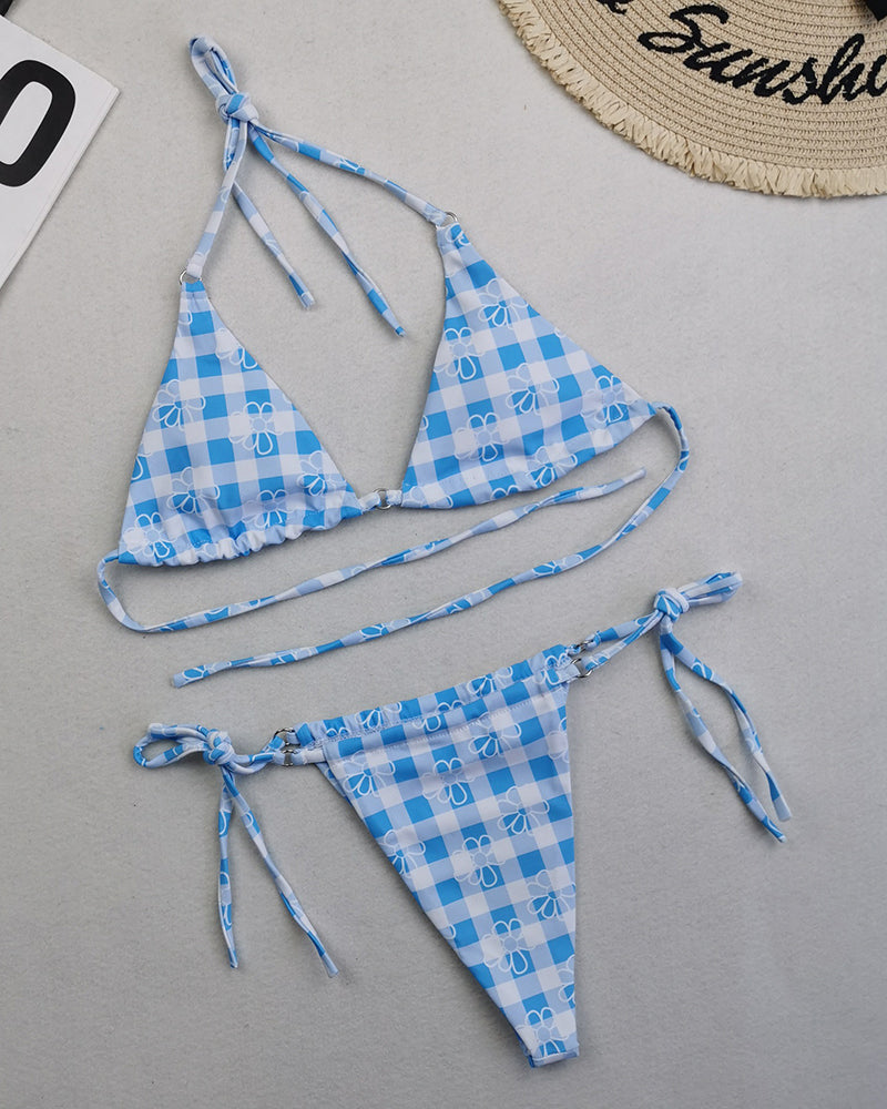 Sexy Halter Neck Florals Solid Colorful Tie Side String Two-piece Swimsuit S-L