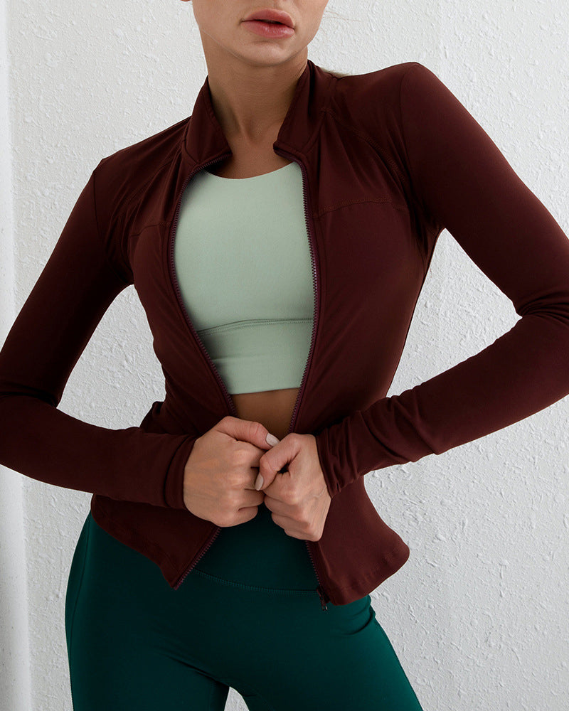 New Yoga Workout Clothes Slim High Stretch Stand Collar Cardigan Zipper Sports Long Sleeve Top Coat S-XL