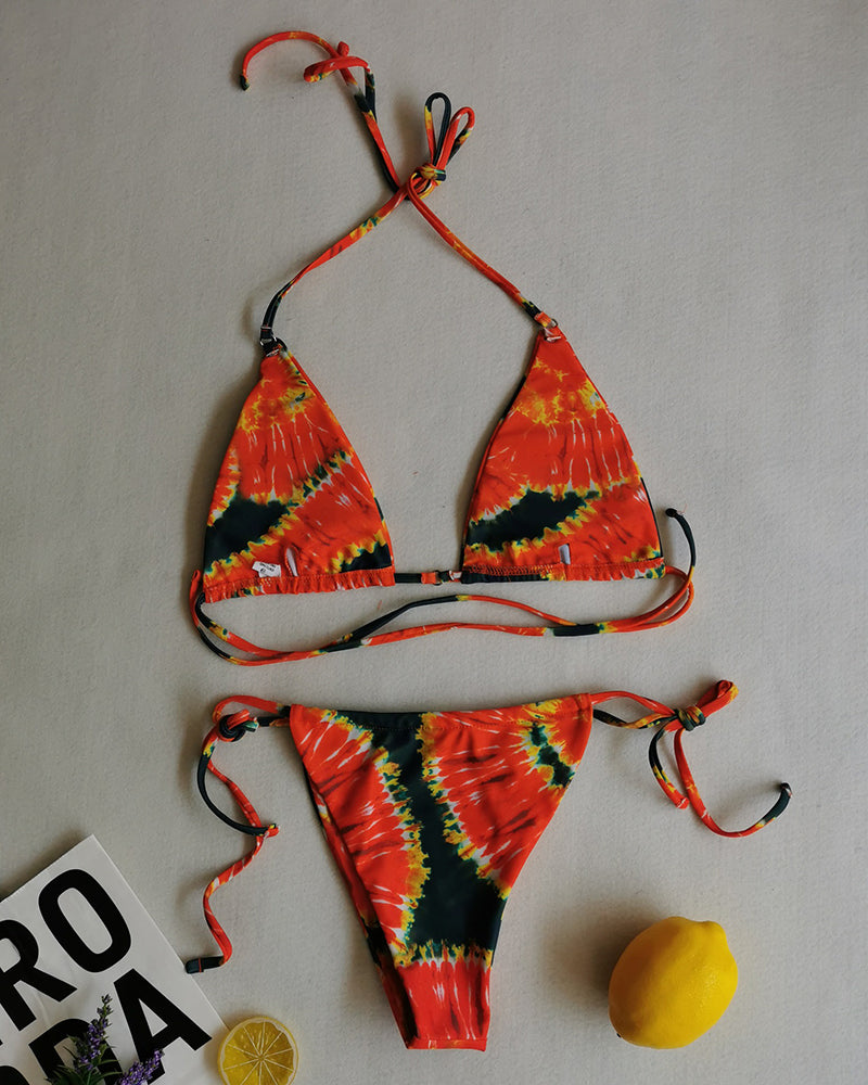 Sexy Halter Neck Florals Solid Colorful Tie Side String Two-piece Swimsuit S-L