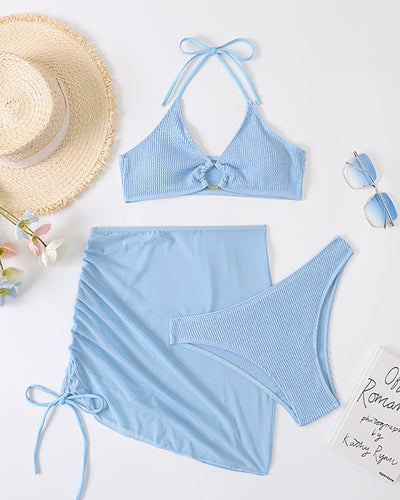 Hot Sale Basic Sexy Bikini Solid Color Cover Skirts Three-piece Swimsuit Black Blue S-L