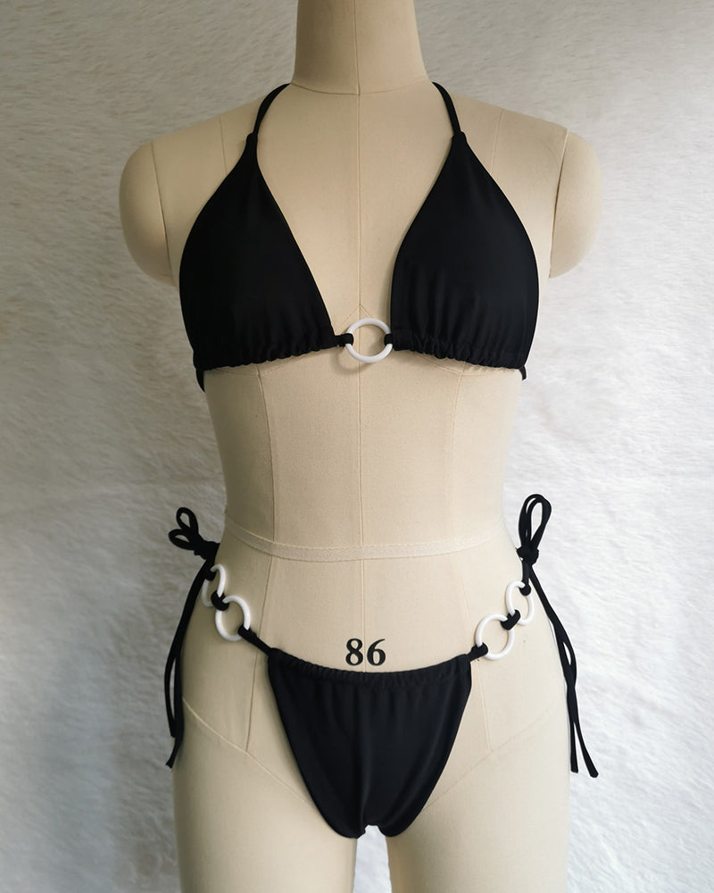 Halter Neck Solid Color Lady Tie Side String Two-piece Swimsuit White Yellow Green Red Purple Black Coffee S-L