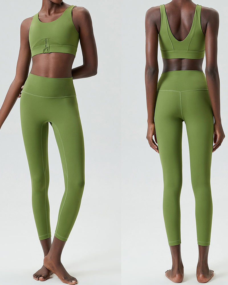 U-Back Zipper Front High Elastic Running High Waist Pants Yoga Two-piece Set S-XL