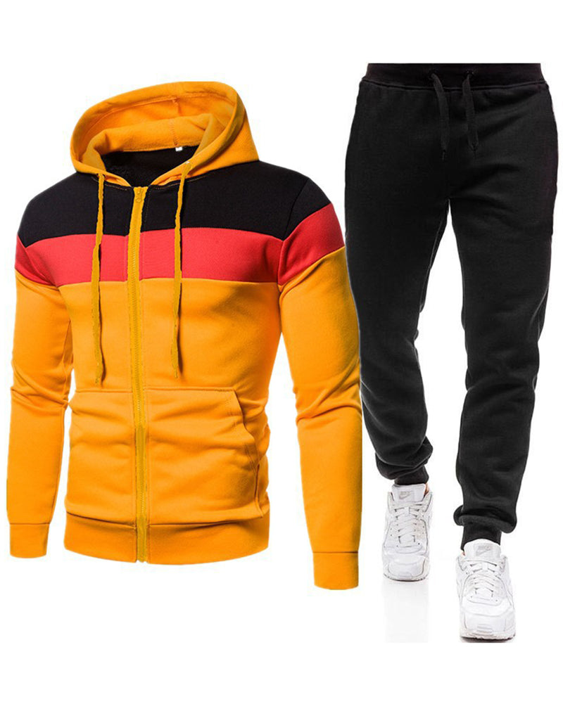 Autumn Winter Colorblock Hoodies Zipper Coat Loose Pants Long Sleeve Two-piece Sets Blue Yellow Black Red Gray S-3XL
