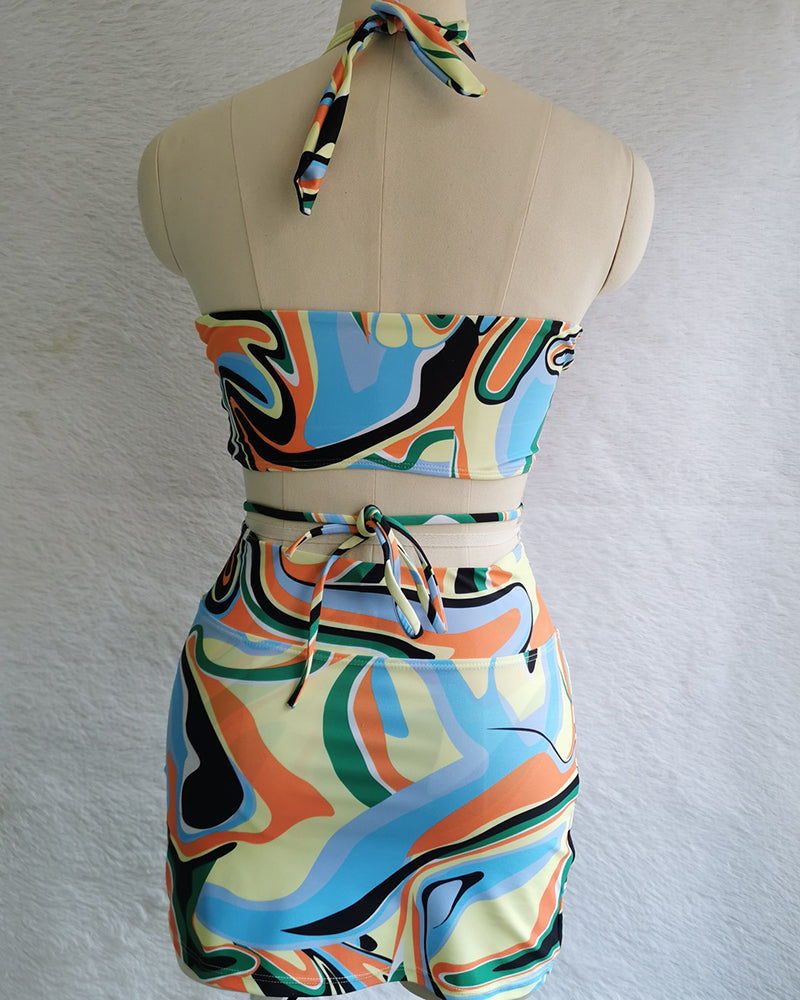 Fashion Printed Hollow Out Criss Neck Solid Color Sexy Women Summer Beach Three-piece Swimsuit White Black Beige Yellow S-XL