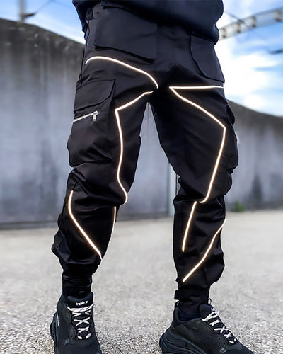 Summer Men Casual Steet Style Refletive Line Pocket Pants M-3XL