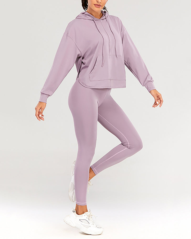 Autumn New Solid Color Long Sleeve Hoodie Sweatshirt V Neck Bra Back Pocket Pants Three Piece Sets S-XL
