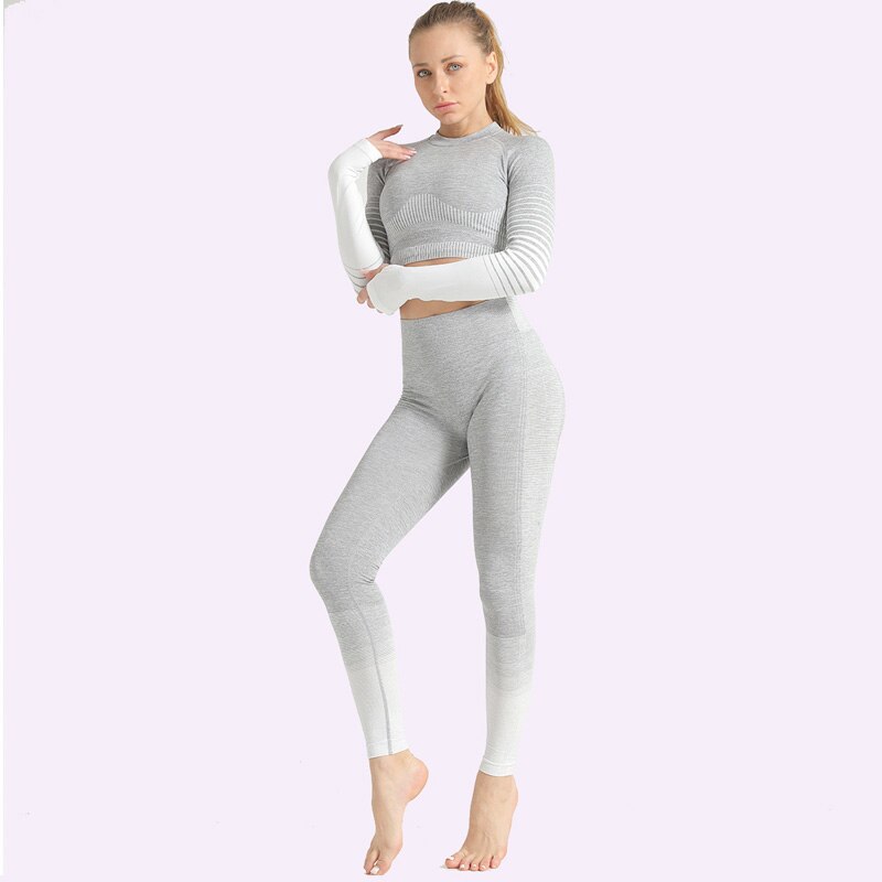 2 Piece Seamless Women Yoga Set Long Sleeve Top High Waist Pants Belly Control Sport Leggings Workout Gym Clothes Seamless Sport Suit OM9253