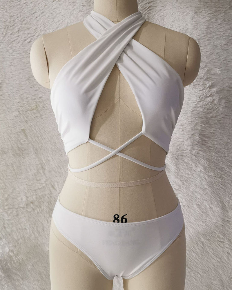 Fashion Printed Hollow Out Criss Neck Solid Color Sexy Women Summer Beach Three-piece Swimsuit White Black Beige Yellow S-XL