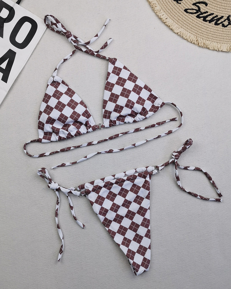 Sexy Halter Neck Florals Solid Colorful Tie Side String Two-piece Swimsuit S-L