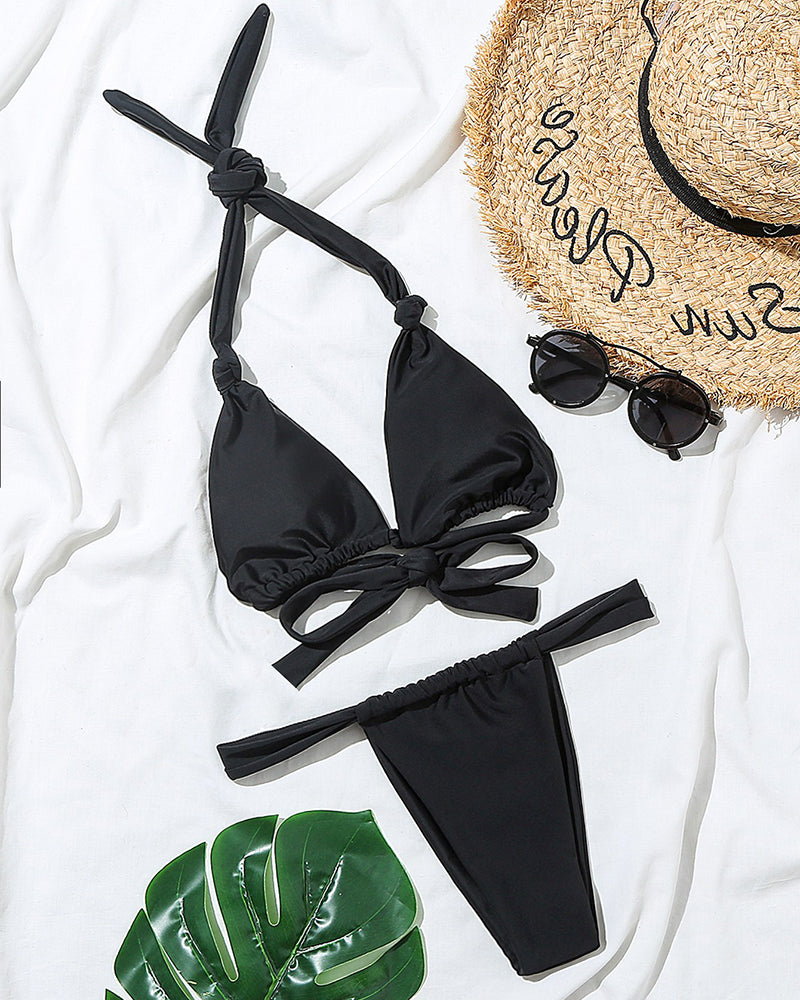 Women Solid Color High Waist Sexy Bikini Two-piece Swimsuit Pink Blue Black Purple S-L