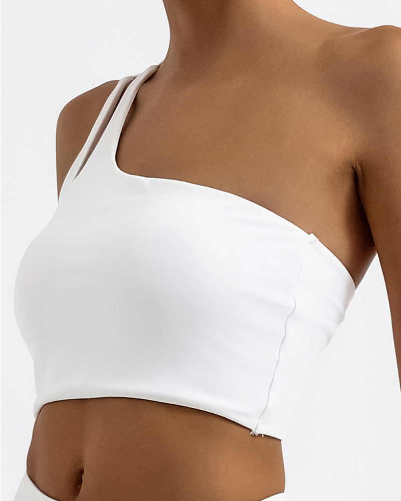 Women One Shoulder Back Criss Cross Quick-Drying Sports Bra Orange Khaki Black White S-L